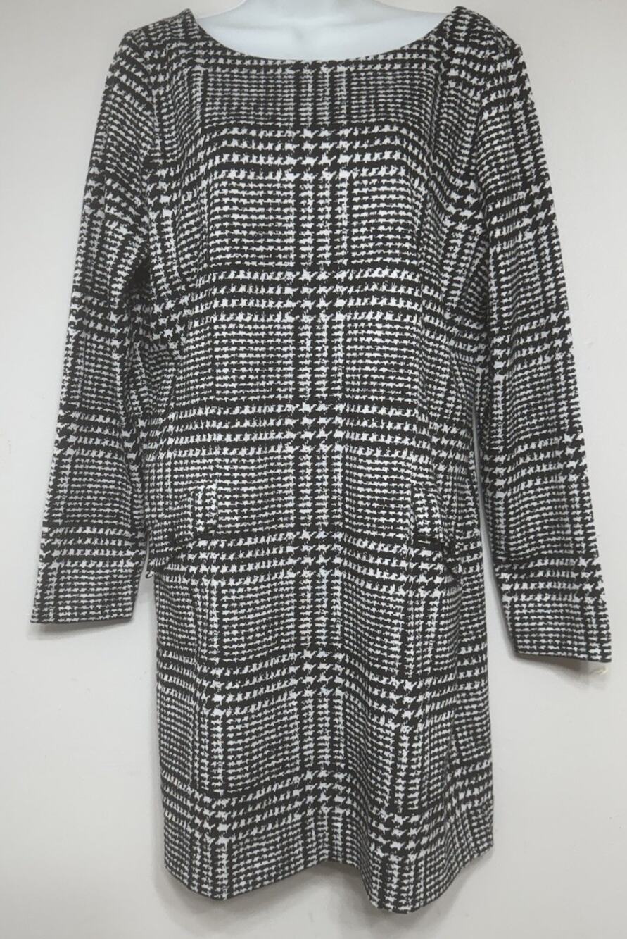 Ann Taylor Loft Shift Dress Women’s 14 Knit Long Sleeve Black Houndstooth NEW - Picture 1 of 12